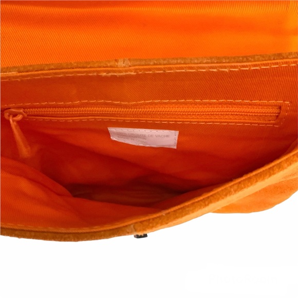 Women’s Orange Suede Purse Crossbody Bag Feather Trim - Picture 5 of 6